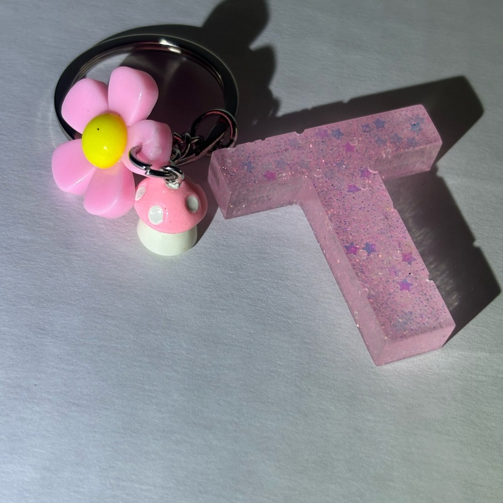 Pink Glitter 'T' Keychain with Flower and Mushroom Charm